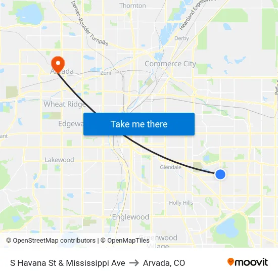 S Havana St & Mississippi Ave to Arvada, CO map