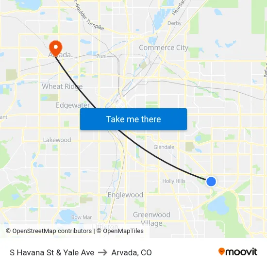 S Havana St & Yale Ave to Arvada, CO map