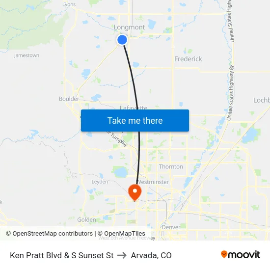 Ken Pratt Blvd & S Sunset St to Arvada, CO map