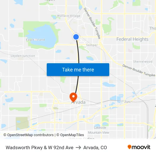 Wadsworth Pkwy & W 92nd Ave to Arvada, CO map