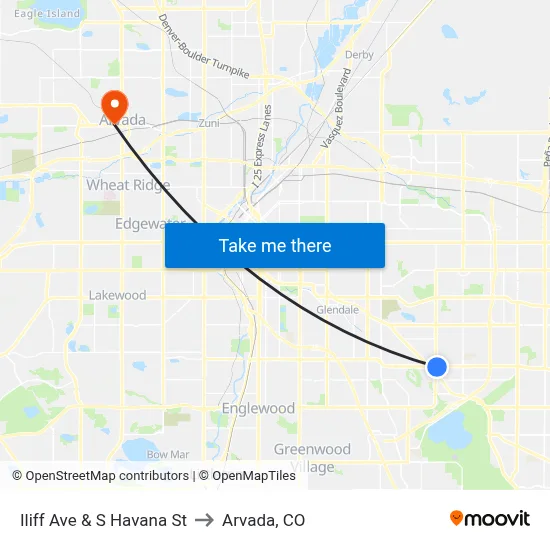 Iliff Ave & S Havana St to Arvada, CO map