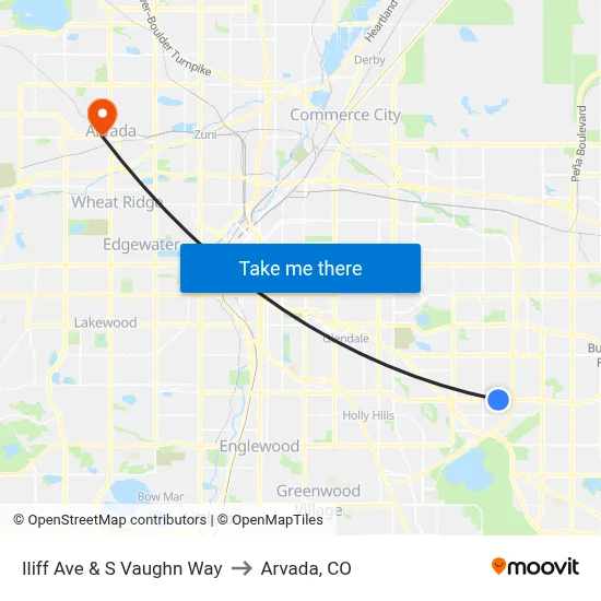 Iliff Ave & S Vaughn Way to Arvada, CO map