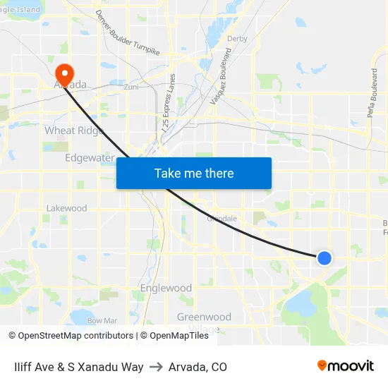 Iliff Ave & S Xanadu Way to Arvada, CO map