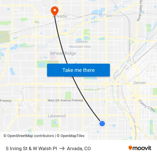 S Irving St & W Walsh Pl to Arvada, CO map