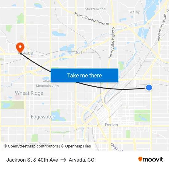 Jackson St & 40th Ave to Arvada, CO map