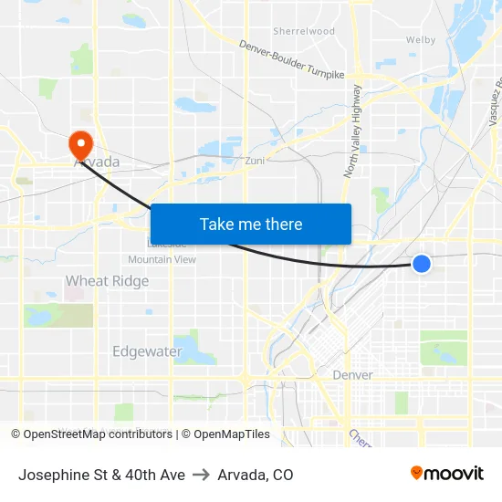 Josephine St & 40th Ave to Arvada, CO map