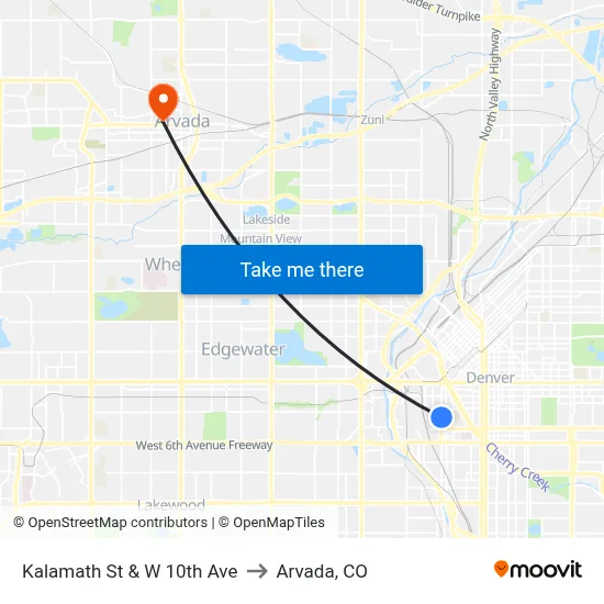 Kalamath St & W 10th Ave to Arvada, CO map