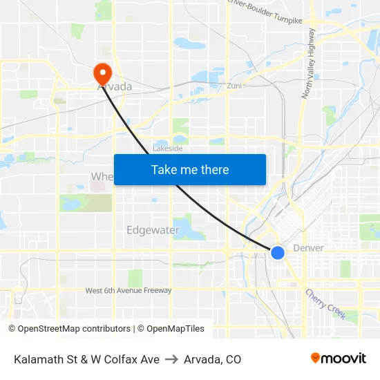 Kalamath St & W Colfax Ave to Arvada, CO map