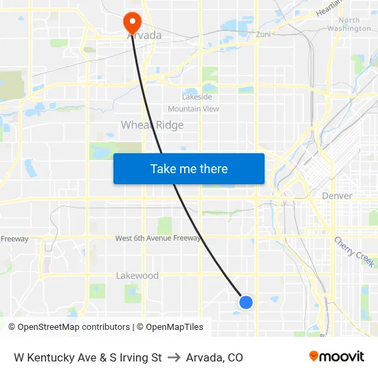 W Kentucky Ave & S Irving St to Arvada, CO map
