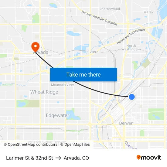 Larimer St & 32nd St to Arvada, CO map