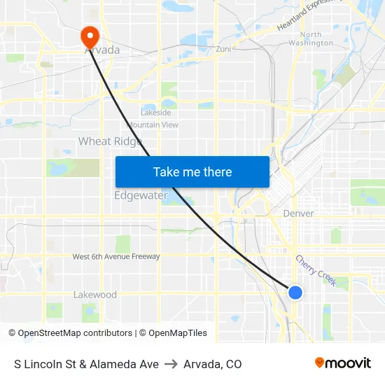 S Lincoln St & Alameda Ave to Arvada, CO map