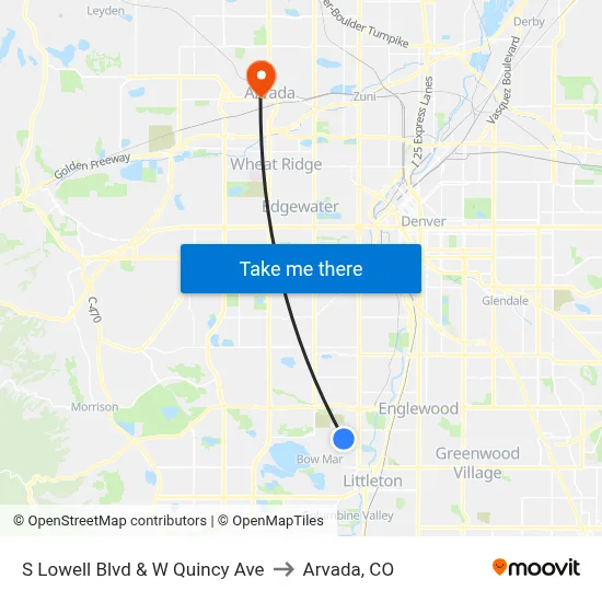 S Lowell Blvd & W Quincy Ave to Arvada, CO map