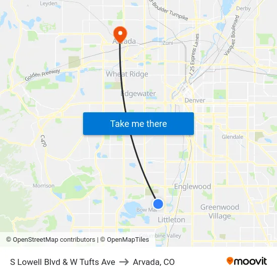 S Lowell Blvd & W Tufts Ave to Arvada, CO map