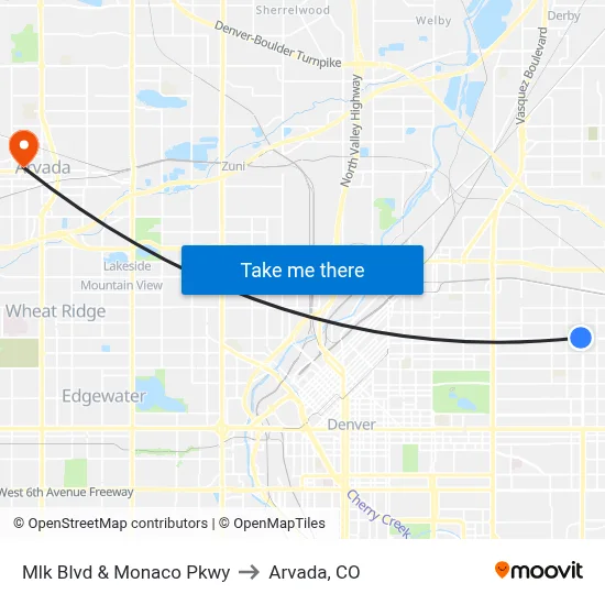 Mlk Blvd & Monaco Pkwy to Arvada, CO map