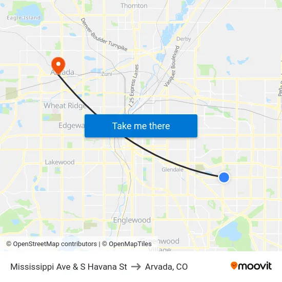 Mississippi Ave & S Havana St to Arvada, CO map