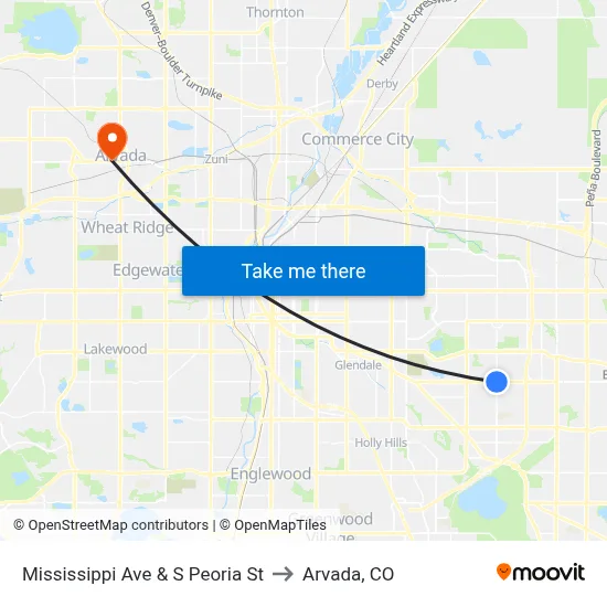 Mississippi Ave & S Peoria St to Arvada, CO map