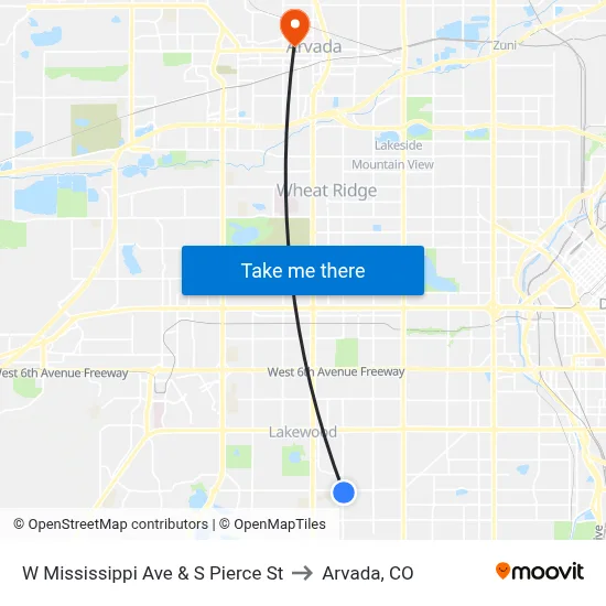 W Mississippi Ave & S Pierce St to Arvada, CO map