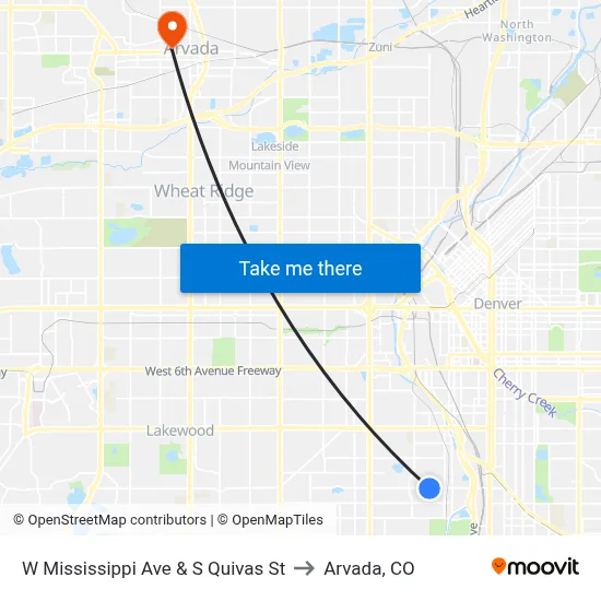 W Mississippi Ave & S Quivas St to Arvada, CO map
