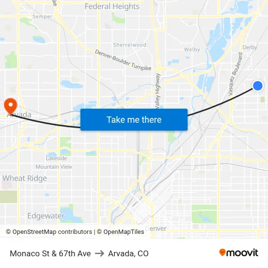 Monaco St & 67th Ave to Arvada, CO map