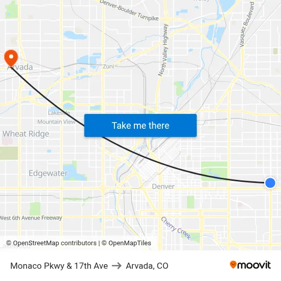 Monaco Pkwy & 17th Ave to Arvada, CO map