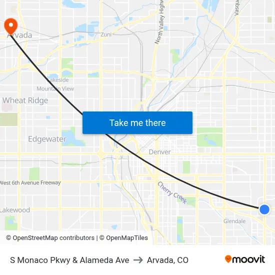 S Monaco Pkwy & Alameda Ave to Arvada, CO map