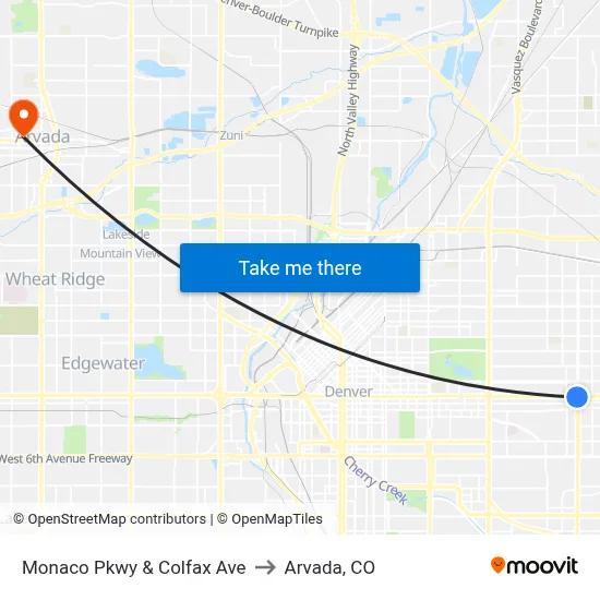 Monaco Pkwy & Colfax Ave to Arvada, CO map