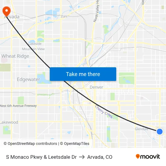 S Monaco Pkwy & Leetsdale Dr to Arvada, CO map