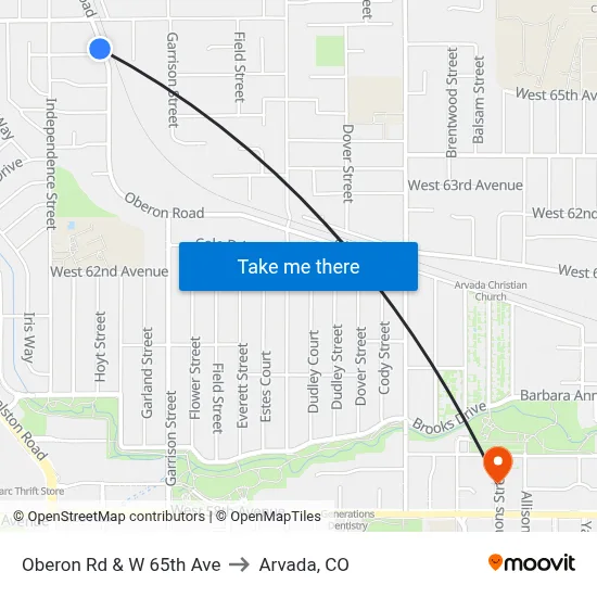 Oberon Rd & W 65th Ave to Arvada, CO map