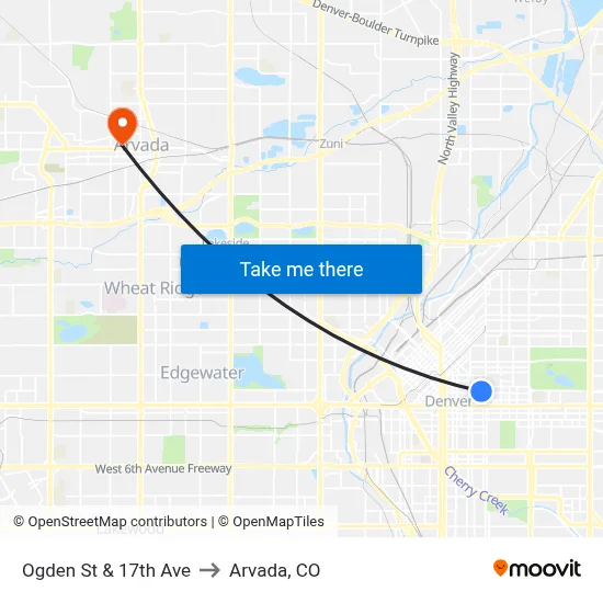 Ogden St & 17th Ave to Arvada, CO map
