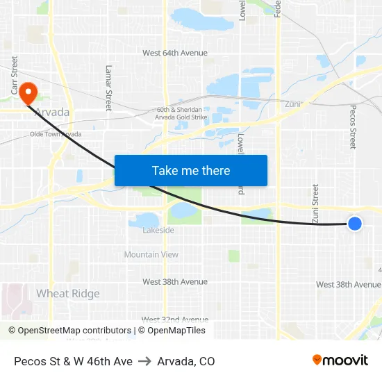 Pecos St & W 46th Ave to Arvada, CO map
