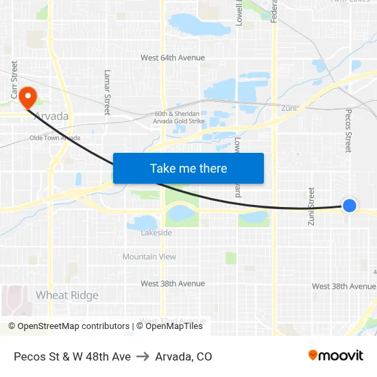 Pecos St & W 48th Ave to Arvada, CO map