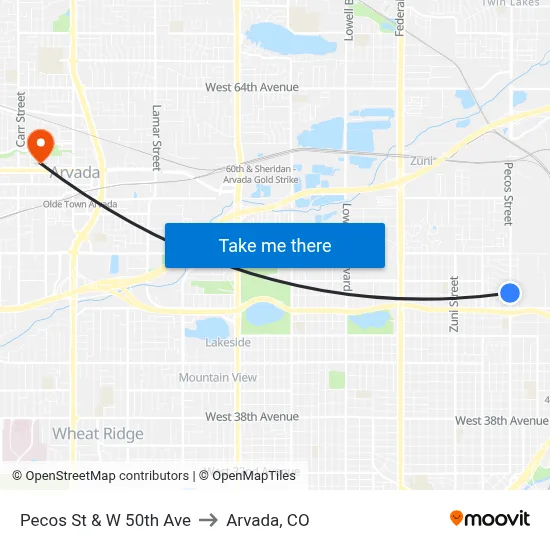 Pecos St & W 50th Ave to Arvada, CO map