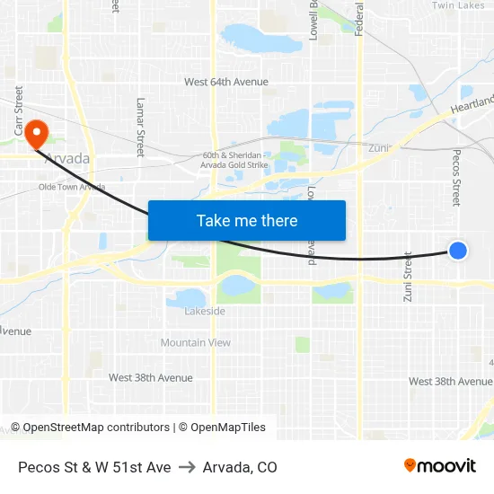 Pecos St & W 51st Ave to Arvada, CO map