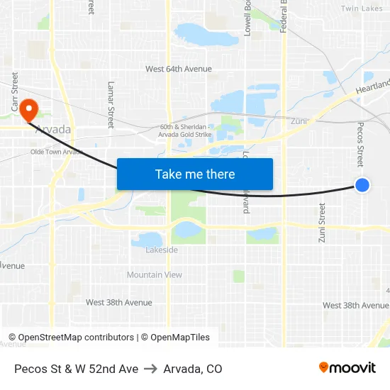 Pecos St & W 52nd Ave to Arvada, CO map