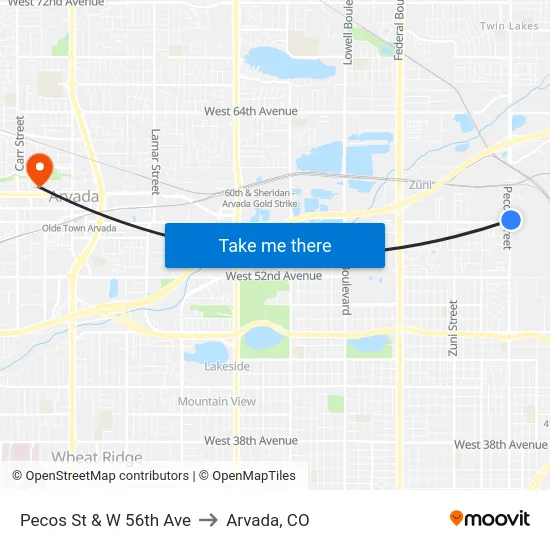 Pecos St & W 56th Ave to Arvada, CO map