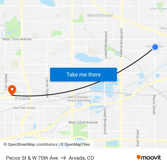 Pecos St & W 70th Ave to Arvada, CO map