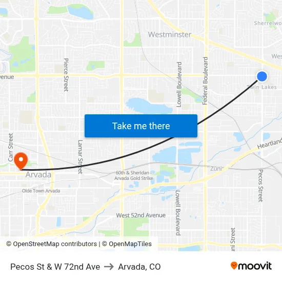 Pecos St & W 72nd Ave to Arvada, CO map