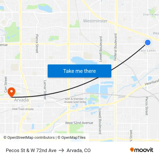 Pecos St & W 72nd Ave to Arvada, CO map
