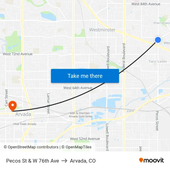 Pecos St & W 76th Ave to Arvada, CO map