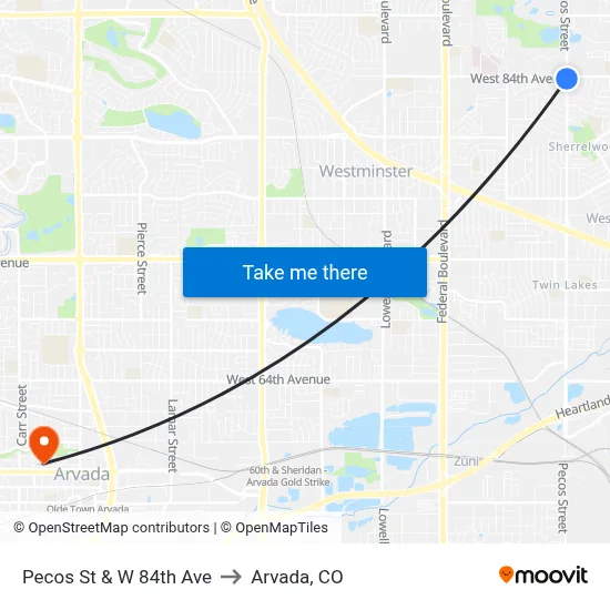 Pecos St & W 84th Ave to Arvada, CO map