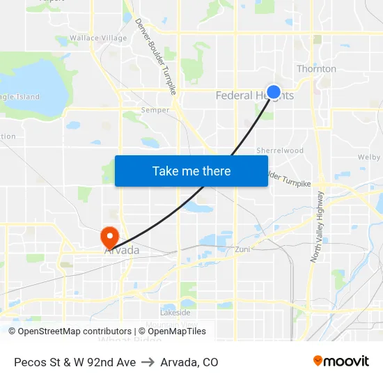 Pecos St & W 92nd Ave to Arvada, CO map