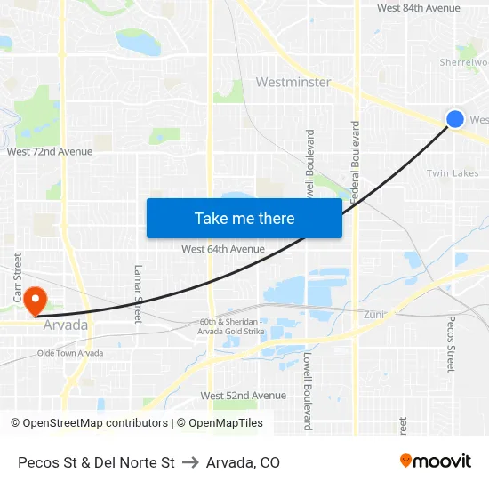 Pecos St & Del Norte St to Arvada, CO map
