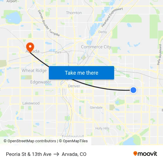 Peoria St & 13th Ave to Arvada, CO map