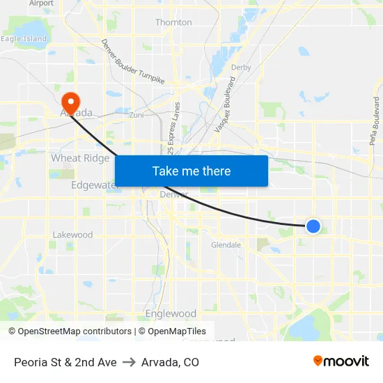Peoria St & 2nd Ave to Arvada, CO map