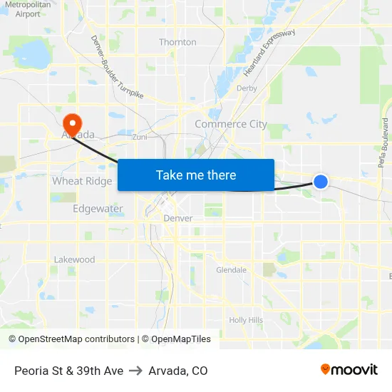 Peoria St & 39th Ave to Arvada, CO map