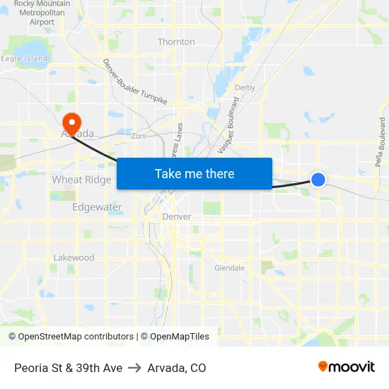 Peoria St & 39th Ave to Arvada, CO map
