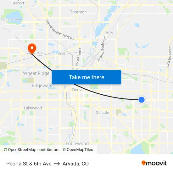 Peoria St & 6th Ave to Arvada, CO map