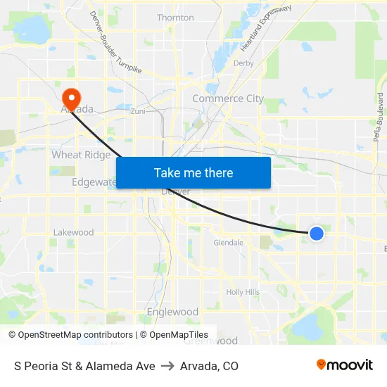 S Peoria St & Alameda Ave to Arvada, CO map