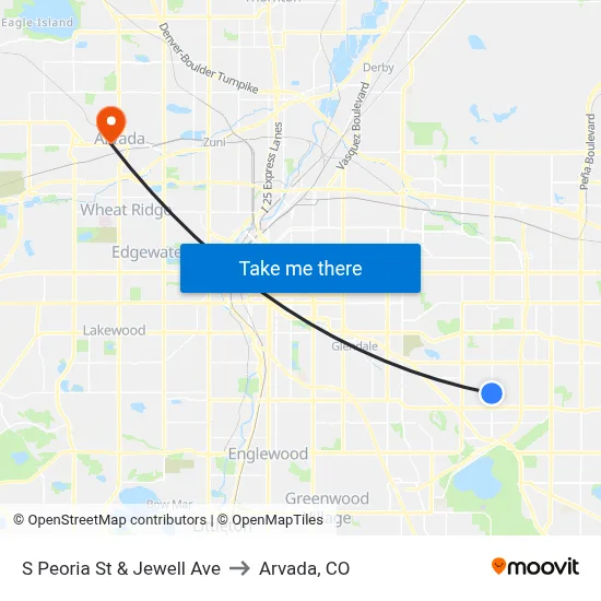 S Peoria St & Jewell Ave to Arvada, CO map
