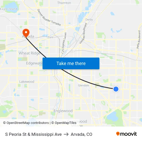 S Peoria St & Mississippi Ave to Arvada, CO map